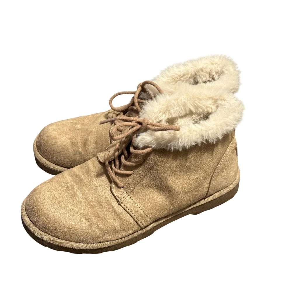 Makalu California Womens Tan Faux Fur Trim Lace Up Ankle Boots Size 7